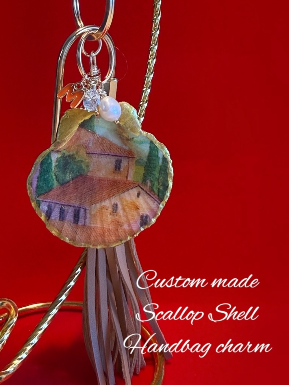 Custom Scallop Shell Tassel Keychain - Neutral & Gold Accent
